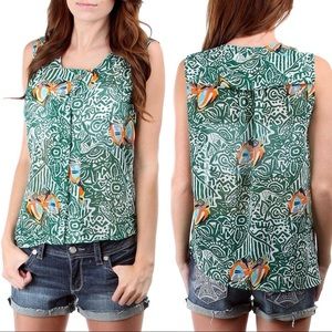 Camilla Tree NEW Asymmetrical Patterned Butterfly Sheer Button Down Abstract